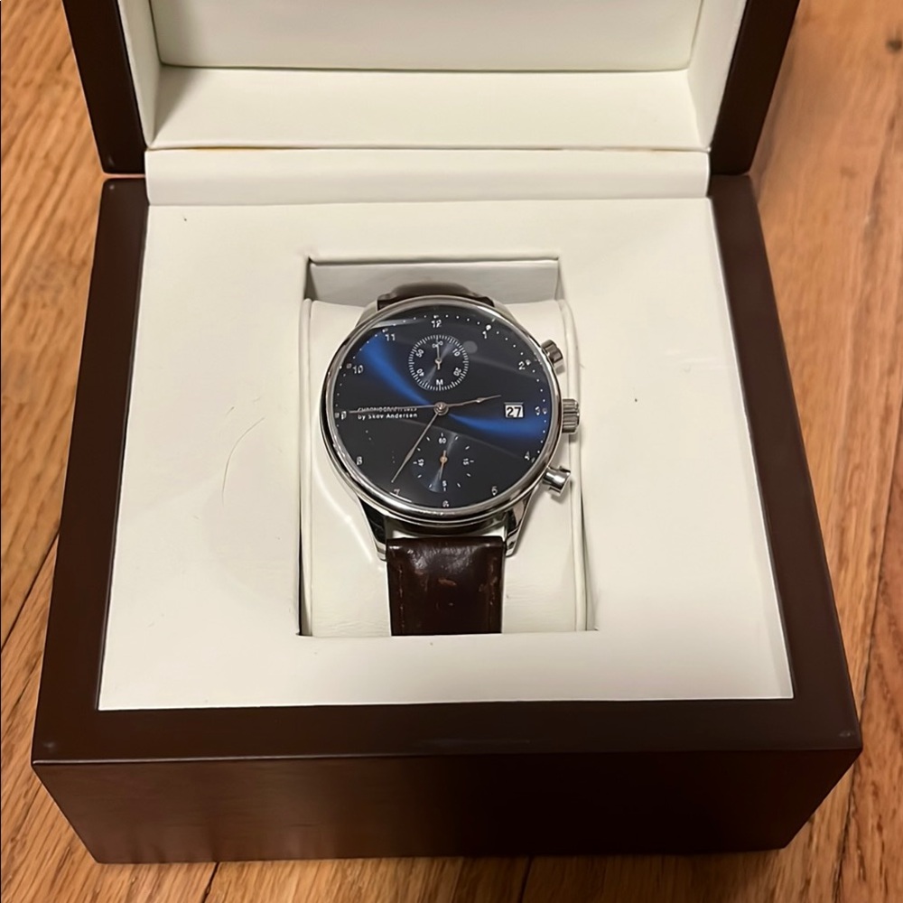 Men's Blue Dial Watch with Brown Leather Strap